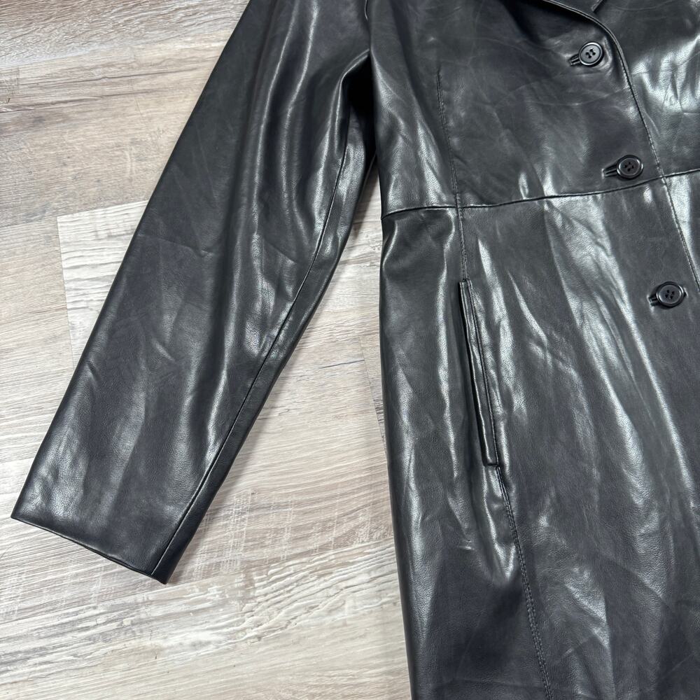 Vintage Y2K Black Faux Leather Trench Coat Long Matrix Goth Moto Duster Fall 16 - Picture 2 of 8